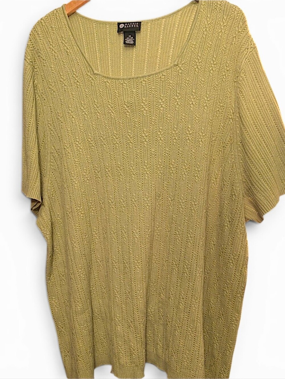 Maggie Barnes Light Olive Short Sleeve Thin Cable Knit Top Women's Plus Size 3X